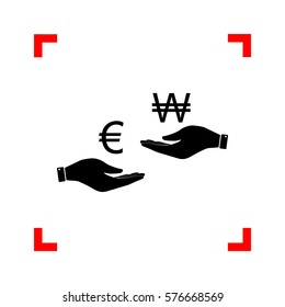 Currency exchange from hand to hand. Euro and Won. Black icon in