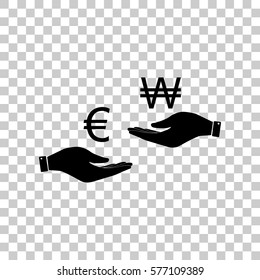 Currency exchange from hand to hand. Euro and Won. Black icon on