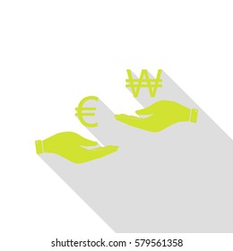 Currency exchange from hand to hand. Euro and Won. Pear icon with flat style shadow path.