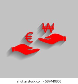 Currency exchange from hand to hand. Euro and Won. Vector. Red icon with soft shadow on gray background.