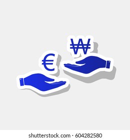 Currency exchange from hand to hand. Euro and Won. Vector. New year bluish icon with outside stroke and gray shadow on light gray background.
