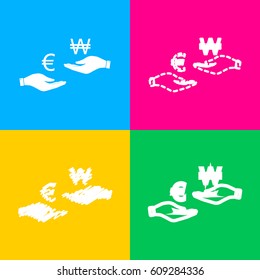 Currency exchange from hand to hand. Euro and Won. Four styles of icon on four color squares.