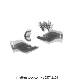 Currency exchange from hand to hand. Euro and Won. Vector. Gray icon shaked at white background.