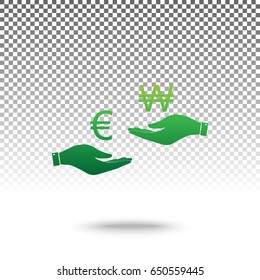 Currency exchange from hand to hand. Euro and Won. Vector. Green gradient icon with shadow at bottom on transparent and white background.