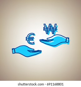 Currency exchange from hand to hand. Euro and Won. Vector. Sky blue icon with defected blue contour on beige background.