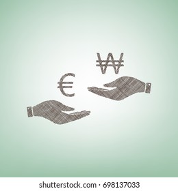 Currency exchange from hand to hand. Euro and Won. Vector. Brown flax icon on green background with light spot at the center.