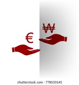Currency exchange from hand to hand. Euro and Won. Vector. Bordo icon on white bending paper background.