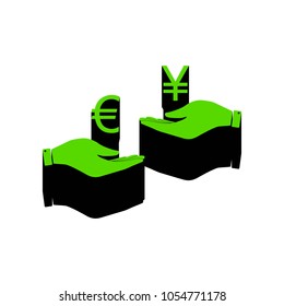 Currency exchange from hand to hand. Euro and Yen. Vector. Green 3d icon with black side on white background. Isolated.