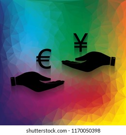 Currency exchange from hand to hand. Euro and Yen. Vector. Flat style black icon on white.