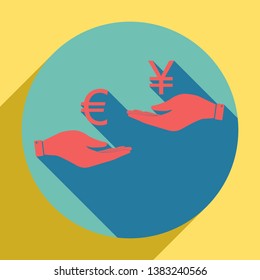 Currency exchange from hand to hand. Euro and Yen. Sunset orange icon with llapis lazuli shadow inside medium aquamarine circle with different goldenrod shadow at royal yellow background.