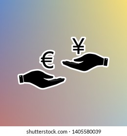 Currency exchange from hand to hand. Euro and Yen. Black icon in white shell at pastel color background. Illustration.