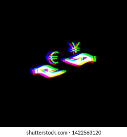 Currency exchange from hand to hand. Euro and Yen. Red, green and blue unfocused contour icon at black background. Illustration.