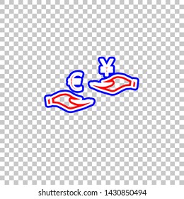 Currency exchange from hand to hand. Euro and Yen. Red, white and contour icon at transparent background. Illustration.