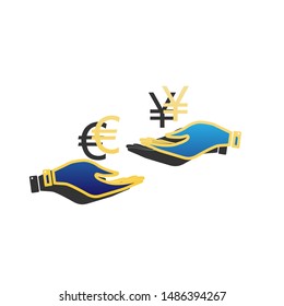Currency exchange from hand to hand. Euro and Yen. Blue icon with gold contour with dark gray shadow at white background. Illustration.
