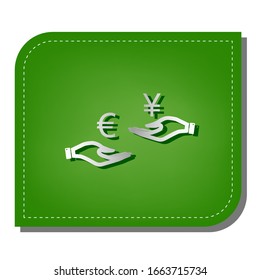 Currency exchange from hand to hand. Euro and Yen. Silver gradient line icon with dark green shadow at ecological patched green leaf. Illustration.