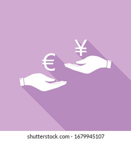 Currency exchange from hand to hand. Euro and Yen. White Icon with long shadow at purple background. Illustration.