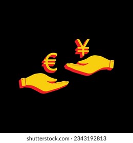 Currency exchange from hand to hand. Euro and Yen. 3D Extruded Yellow Icon with Red Sides a Black background. Illustration.