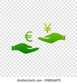 Currency exchange from hand to hand. Euro and Yen. Vector. Green gradient icon on transparent background.
