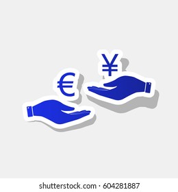 Currency exchange from hand to hand. Euro and Yen. Vector. New year bluish icon with outside stroke and gray shadow on light gray background.