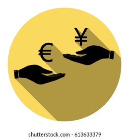 Currency exchange from hand to hand. Euro and Yen. Vector. Flat black icon with flat shadow on royal yellow circle with white background. Isolated.