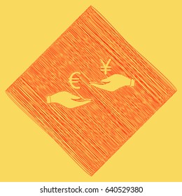 Currency exchange from hand to hand. Euro and Yen. Vector. Red scribble icon obtained as a result of subtraction rhomb and path. Royal yellow background.