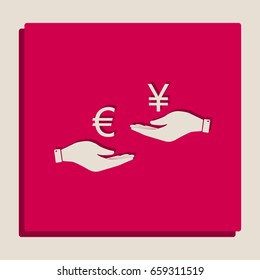 Currency exchange from hand to hand. Euro and Yen. Vector. Grayscale version of Popart-style icon.