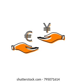 Currency exchange from hand to hand. Euro and Yen. Vector. Black line icon with shifted flat orange filled icon on white background. Isolated.