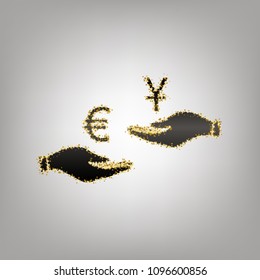 Currency exchange from hand to hand. Euro and Yuan. Vector. Blackish icon with golden stars at grayish background.