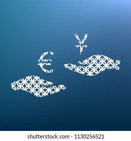 Currency exchange from hand to hand. Euro and Yuan. Vector. White textured icon at lapis lazuli gradient background.