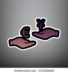 Currency exchange from hand to hand. Euro and Yuan. Vector. Violet gradient icon with black and white linear edges at gray background.