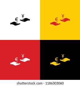 Currency exchange from hand to hand. Euro and Yuan. Vector. Icons of german flag on corresponding colors as background.
