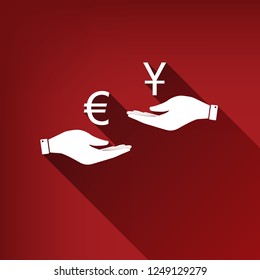 Currency exchange from hand to hand. Euro and Yuan. Vector. White icon with limitless shadow at ruby red background.