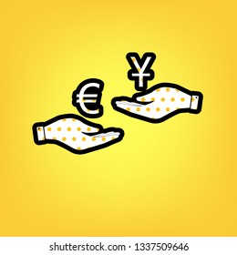 Currency exchange from hand to hand. Euro and Yuan. Vector. Yellow polka dot white icon with black contour at warm yellow background.