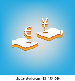 Currency exchange from hand to hand. Euro and Yuan. Vector. White icon with 3d warm-colored gradient body at sky blue background.