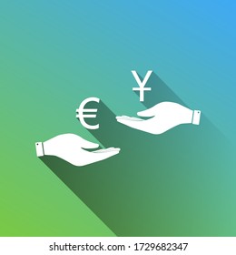 Currency exchange from hand to hand. Euro and Yuan. White Icon with gray dropped limitless shadow on green to blue background. Illustration.