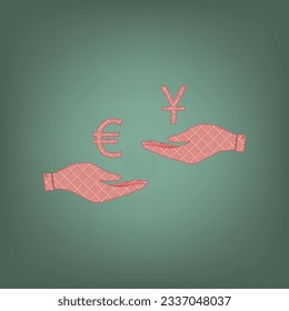 Currency exchange from hand to hand. Euro and Yuan. Apricot Icon with Brick Red parquet floor graphic pattern on a Ebony background. Feldgrau. Green. Illustration.