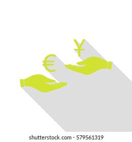 Currency exchange from hand to hand. Euro and Yuan. Pear icon with flat style shadow path.