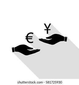 Currency exchange from hand to hand. Euro and Yuan. Black icon with flat style shadow path.
