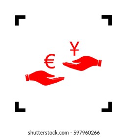 Currency exchange from hand to hand. Euro and Yuan. Vector. Red icon inside black focus corners on white background. Isolated.