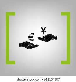Currency exchange from hand to hand. Euro and Yuan. Vector. Black scribble icon in citron brackets on grayish background.