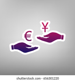 Currency exchange from hand to hand. Euro and Yuan. Vector. Purple gradient icon on white paper at gray background.