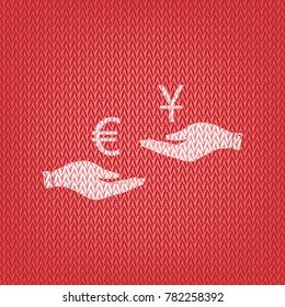 Currency exchange from hand to hand. Euro and Yuan. Vector. Knitted white icon on a red knitted background.