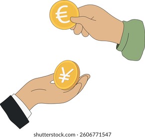 Currency exchange, handing over money, cash. Vector icons euro, yen, yuan, receiving profit, paying for goods