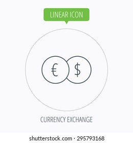 Currency exchange icon. Banking transfer sign. Euro to Dollar symbol. Linear outline circle button. Vector