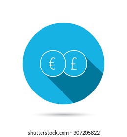 Currency exchange icon. Banking transfer sign. Euro to Pound symbol. Blue flat circle button with shadow. Vector