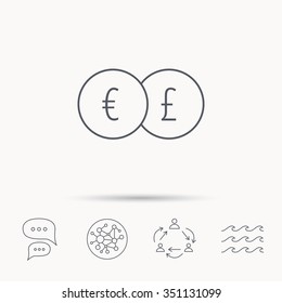 Currency exchange icon. Banking transfer sign. Euro to Pound symbol. Global connect network, ocean wave and chat dialog icons. Teamwork symbol.
