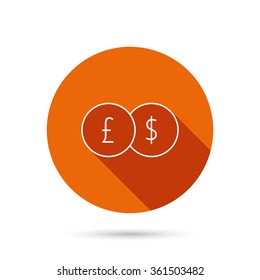 Currency exchange icon. Banking transfer sign. Pound to Dollar symbol. Round orange web button with shadow.
