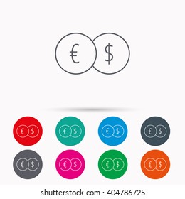 Currency exchange icon. Banking transfer sign. Euro to Dollar symbol. Linear icons in circles on white background.