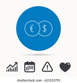 Currency exchange icon. Banking transfer sign. Euro to Dollar symbol. Calendar, attention sign and growth chart. Button with web icon. Vector