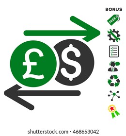 Currency Exchange icon with bonus pictograms. Vector illustration style is flat iconic bicolor symbols, green and gray colors, white background, rounded angles.